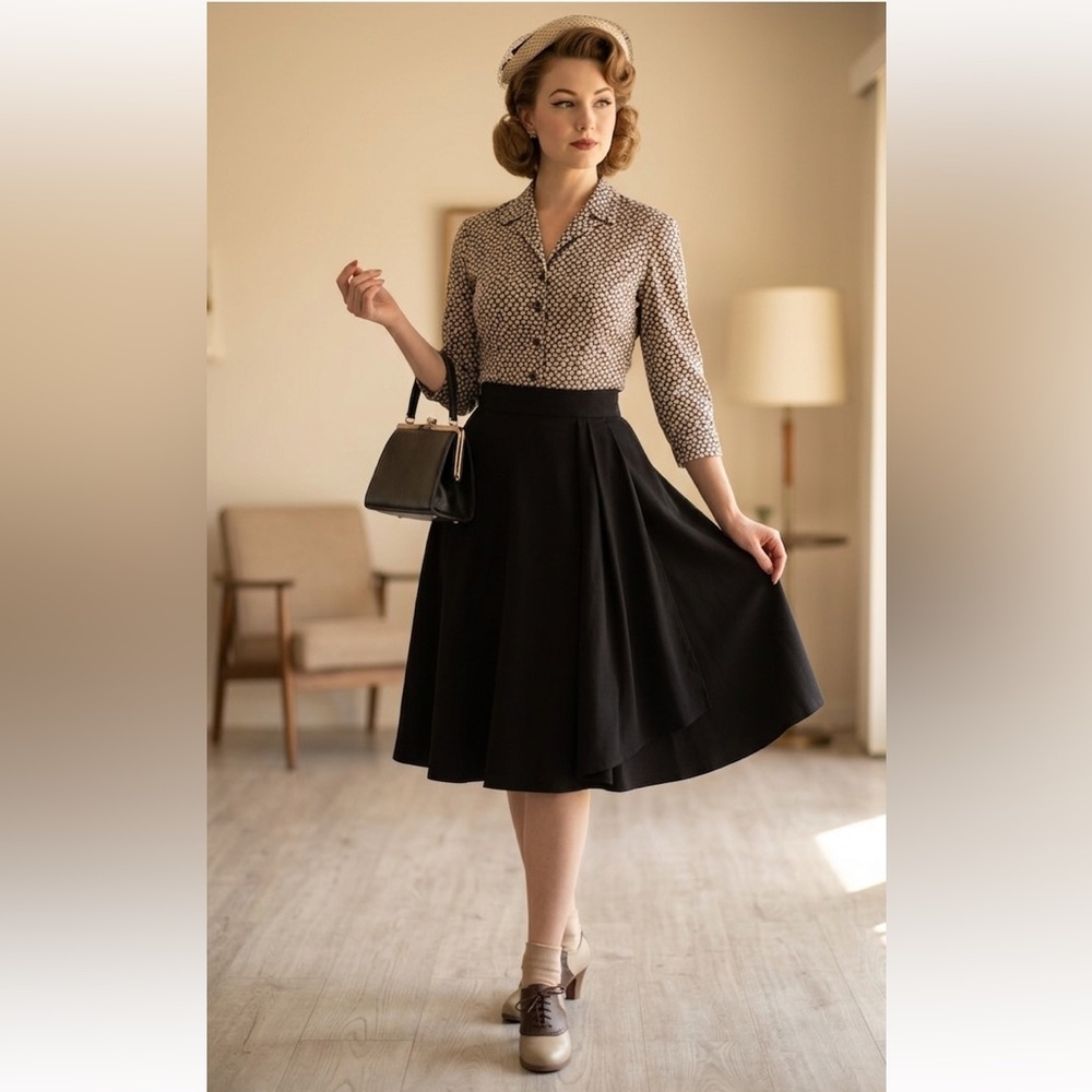 Black High Waisted Wrap Around Cotton Circle Skirt Midi with Pleat